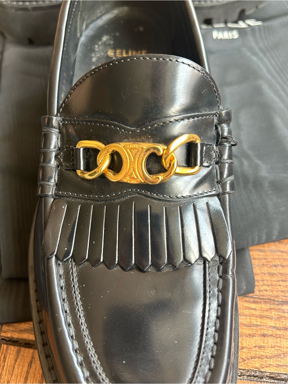 Celine Black Leather Fringe Loafers with Gold Chain Accent - Picture 6 of 9